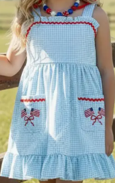 Blue and white gingham flag pocket dress